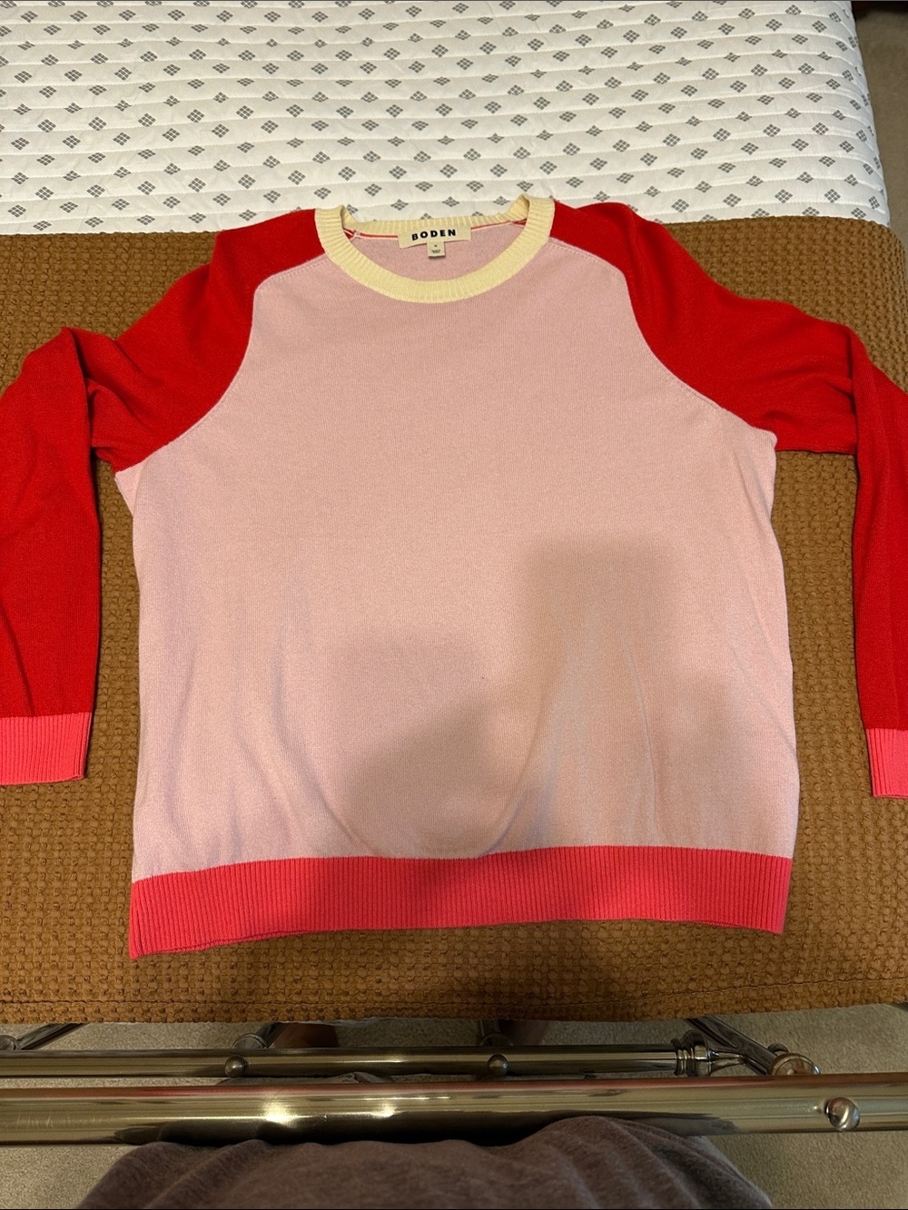 Boden Pink Body Crewneck Sweater with Red Sleeves
